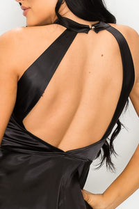 BLACK STRETCH SATIN PEPLUM HALTER BLOUSE