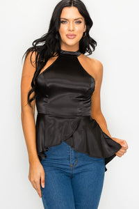 BLACK STRETCH SATIN PEPLUM HALTER BLOUSE