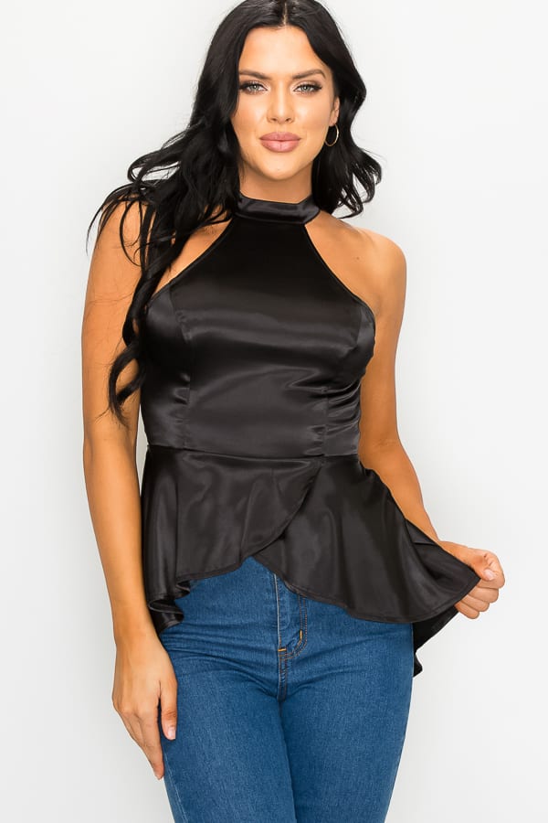 BLACK STRETCH SATIN PEPLUM HALTER BLOUSE