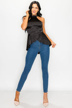 Load image into Gallery viewer, BLACK STRETCH SATIN PEPLUM HALTER BLOUSE