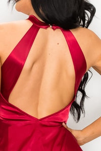 BURGUNDY STRETCH SATIN PEPLUM HALTER BLOUSE