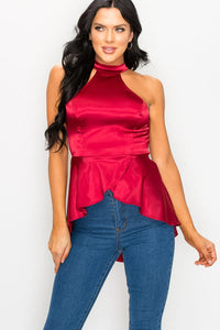 BURGUNDY STRETCH SATIN PEPLUM HALTER BLOUSE