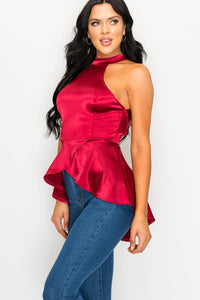 BURGUNDY STRETCH SATIN PEPLUM HALTER BLOUSE