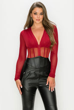 Load image into Gallery viewer, BURGUNDY FISHNET SHEER MESH BACK DEEP V NECK BODYSUIT