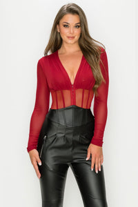 BURGUNDY FISHNET SHEER MESH BACK DEEP V NECK BODYSUIT