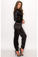 Load image into Gallery viewer, STRETCHY SATIN BELTED UTILITY JUMPSUI