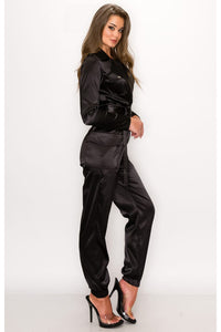 STRETCHY SATIN BELTED UTILITY JUMPSUI